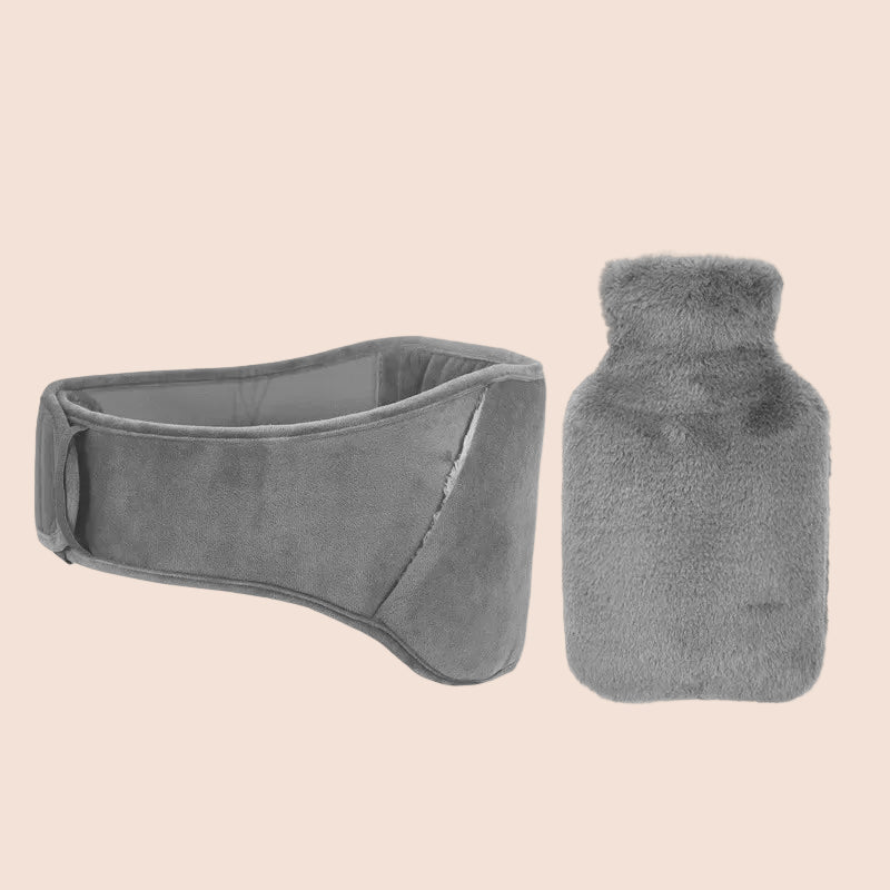 Gray fuzzy headband and hot water bottle on a white background